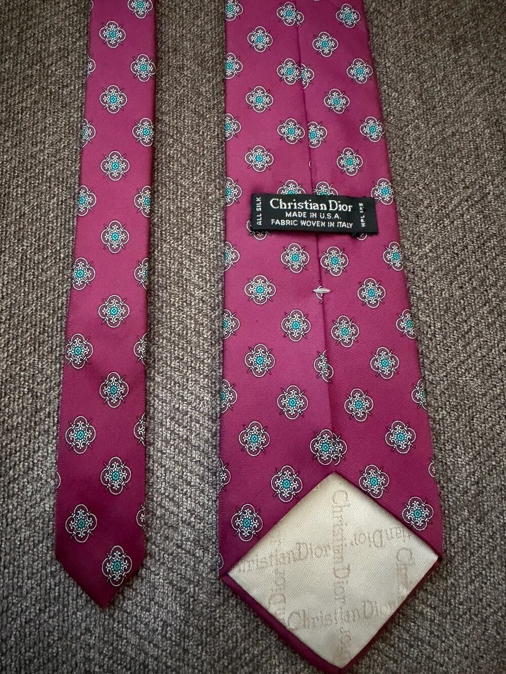 Christian Dior Red Geo Silk Necktie Vintage Made in USA Fabric Woven in Italy